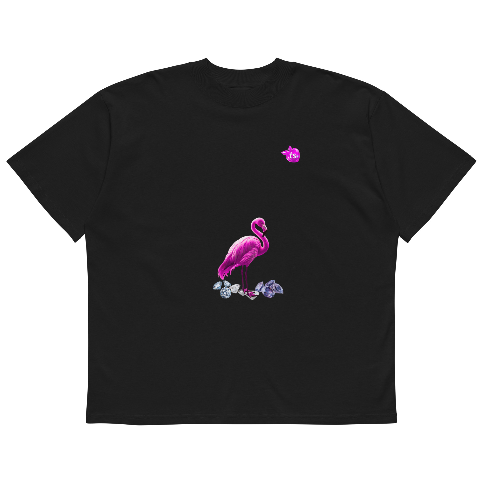 tsgabrielle® • Voor Hem • Flamant Rose • Oversized Hoge Hals T-Shirt • Zwart • Biologisch Katoen